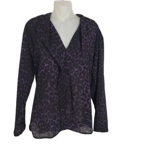 Ann Taylor Womens Blouse Small Long Sleeve Animal Print Purple V Neck Ruffle
